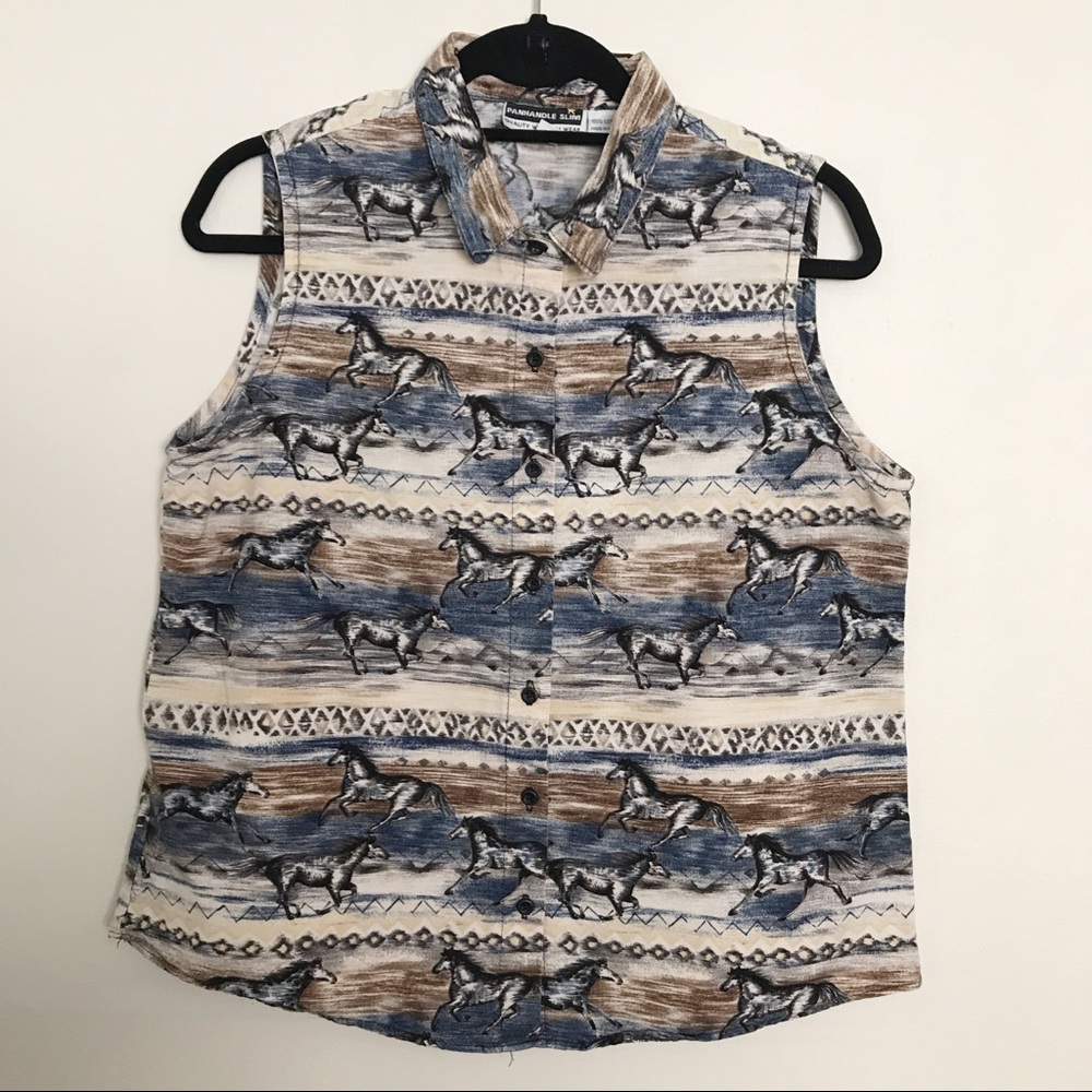 Panhandle Slim Western Horse Print Sleeveless Button Up Top Size Large Rodeo